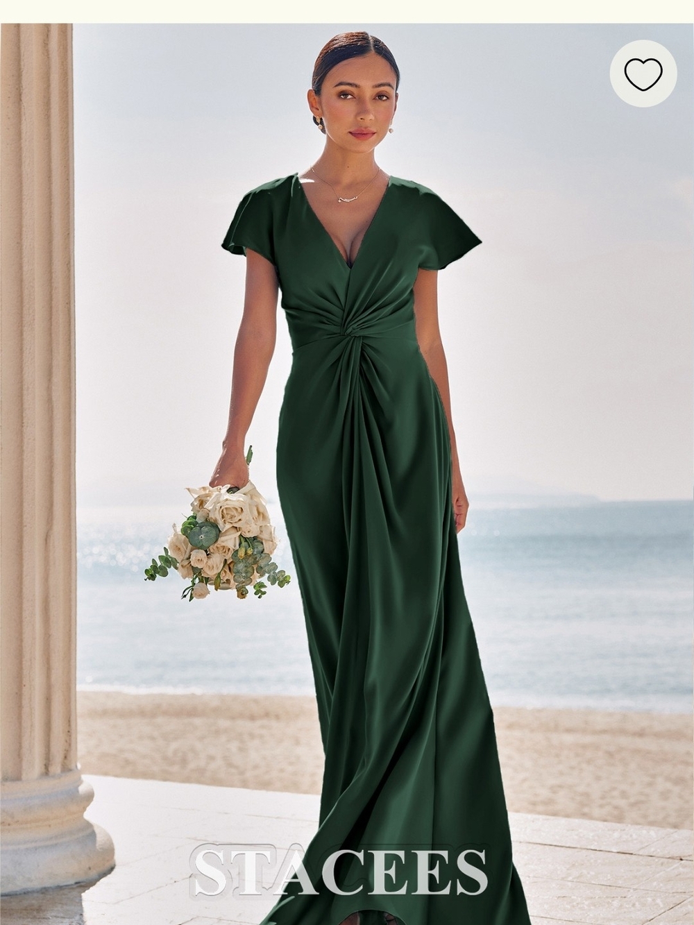 Forest Green Twist-Front V-Neck Evening Dress Built In Shelf With Pads